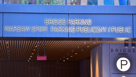 Warsaw, Poland. January 5, 2026. Urban landscape. Neon sign with the inscription: Bridge Parking...