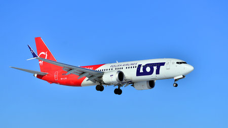 Warsaw, Poland. 3 February 2026. Plane SP-LVG: LOT - Polish Airlines Boeing B737 MAX 8 just before...
