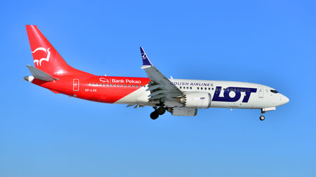 Warsaw, Poland. 3 February 2026. Plane SP-LVG: LOT - Polish Airlines Boeing B737 MAX 8 just before...