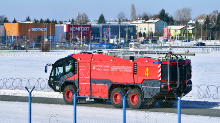 Warsaw, Poland. February 3, 2026. Chopin airport fire brigade. Rosenbauer Panther 6x6 fire truck