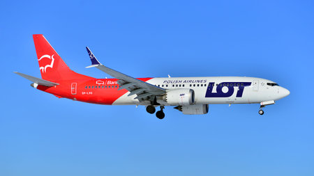 Warsaw, Poland. 3 February 2026. Plane SP-LVG: LOT - Polish Airlines Boeing B737 MAX 8 just before landing at the Chopin airport.のeditorial素材