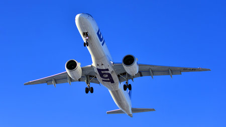 Warsaw, Poland. 3 February 2026. Plane LOT Polish Airlines SP-LEC  Embraer 190 195  Airfleets just before landing at the Chopin airport.のeditorial素材