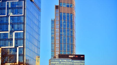 Warsaw, Poland. February 3, 2026. The center of city with skyscrapers. Downtown business district of city with modern office buildings.のeditorial素材