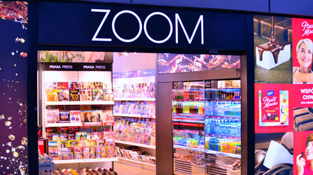 Warsaw, Poland. 3 March 2026. Chopin Airport. Neon sign with the inscription: Zoom.