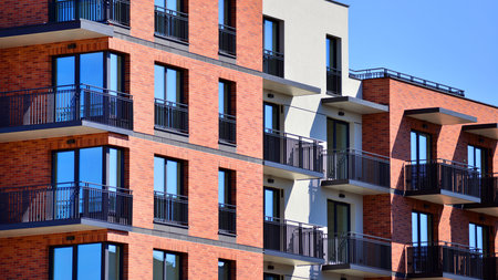 Downtown modern residential architecture. Architectural details of modern apartment building. Modern european residential apartment building complex.