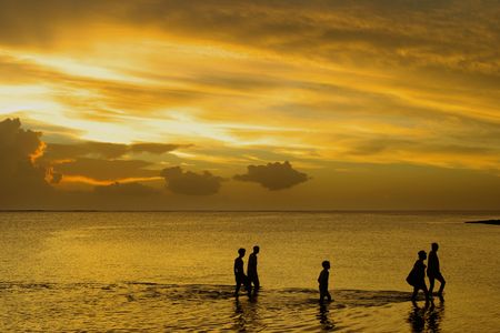 A group of five persons walking in the sea at low tide, heading towards dry landの写真素材