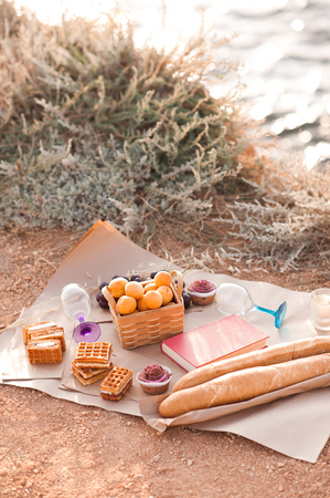 Picnic outdoors with sea at backgroundの写真素材