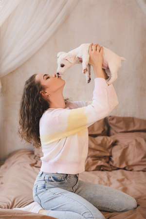 Woman holding puppy dog playing in bed at home close up. Friendship. Happiness.の写真素材