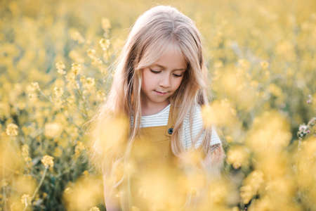 Funny kid blonde girl 4-5 year old wear yellow trendy dress posing in blooming meadow of rape...