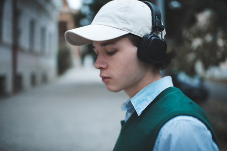 Young stylish teenage boy 17-18 year old wear cap, wireless earphones, student shirt satisfied with music. Happy man with closed eyes outside. Happiness.の写真素材