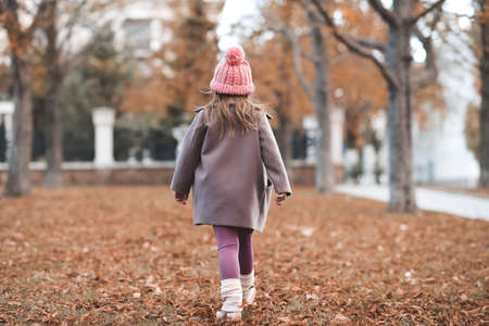 Stylish kid girl 4-5 year old wear knit hat, jacket walk in park over nature background. autumn season. back view. Little toddler of pre school age.の写真素材