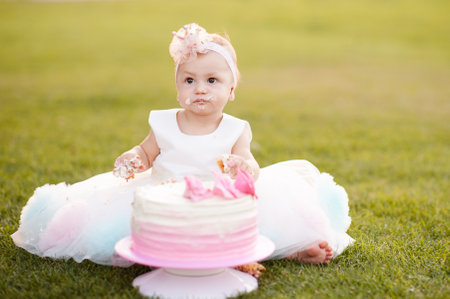 Baby girl 1 year old wear princess dress eating birthday cream cheese cake sitting on green grass outdoors. celebration.の写真素材
