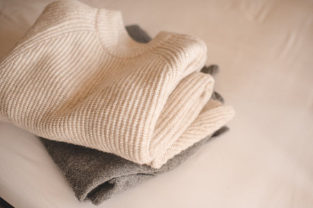 Stack of knitted wool textile sweaters clothes on white blanket in bed at home room close up. winter cozy season.の写真素材