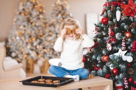 Funny child girl with tasty homemade biscuits over Christmas decoration and tree with lights at home. winter holiday season. celebration.の写真素材