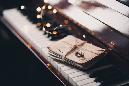 Paper snail mail letters in envelope on piano keys with dry flowers over glow Christmas lights close...