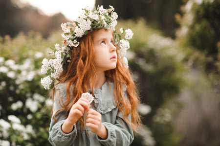 Cute child girl 4-5 year old wear floral wreath and vintage dress over flower background close up. springtime.の写真素材