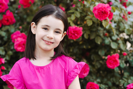 Smiling child girl 5-6 year old with rose flowers over blooming bushes in garden outdoor. Childhood. spring season.の写真素材