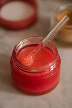 Red plastic jar and spoon with lip balm product close up. Health and skin care morning routine. selective focus.の写真素材