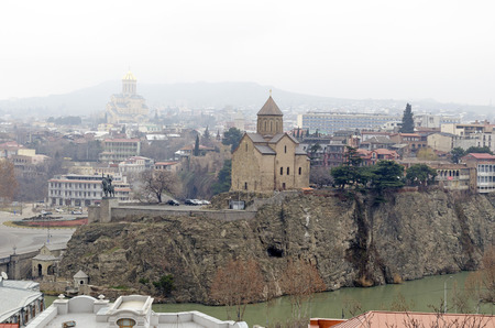 View of the historic center of Tbilisi - Metekhi temple above Mtkvari (Kura) River