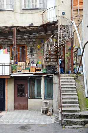 Patio of an apartment house with spiral staircase. Tbilisi Georgiaのeditorial素材