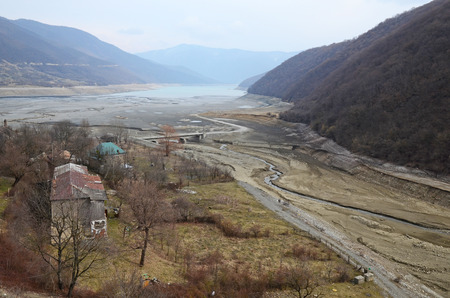 View on winter shallowed Zhinvali reservoir from Ananuri Castle. Georgiaのeditorial素材