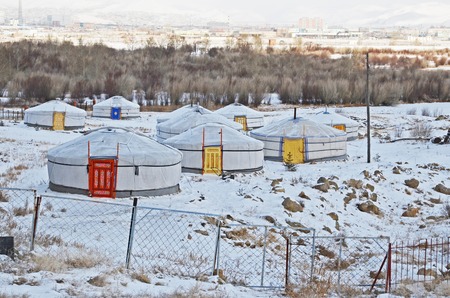 The touristic camp of Yurts on the outskirts of Ulaanbaatar in winter. Mongoliaの写真素材