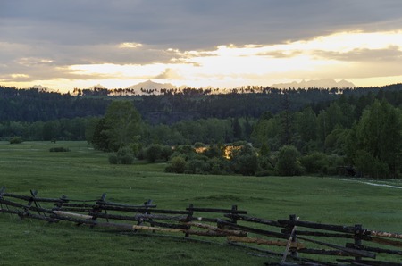 Summer meadow at sunset. Tunkinskaya valley, foothills of Sayan, Buryatiaの写真素材