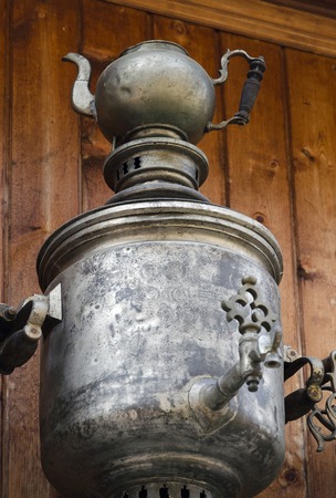 Vintage copper samovar with tea pot - traditional Russian utensil for tea party