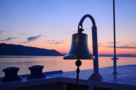 Vessel bell on stern Early Morning Lake Baikal. View from shipの写真素材