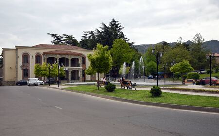 Central city square in Mtskheta - ancient capital of Georgia in evening