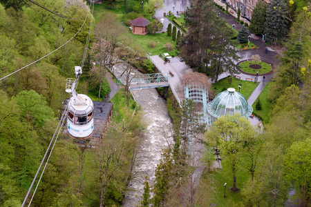 Borjomi, Georgia - May, 04 - 2019: Top view of Borjomi, balneological and climatic resort in Georgia...