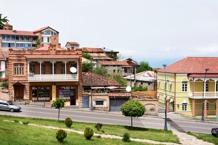 Traditional colorful georgian houses with carved balconies in Telavi - the center of Kakheti,...