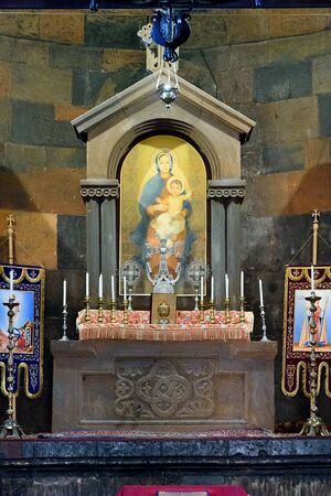 Interior of Church of Holy Virgin in Khor Virap monastery. Ancient Armenian monastery near border...