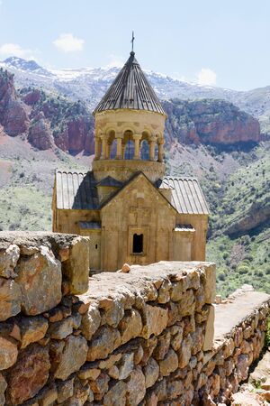 Church of Holy Virgin, Surb Astvatsatsin, in Noravank monastery complex, highly artistic monument of tower-type funerary structures, Armeniaの写真素材