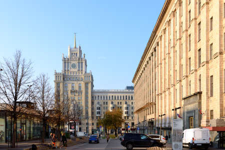 Moscow, Russia - Oct 19, 2018: One of famous Stalinist skyscrapers in Moscow in background....