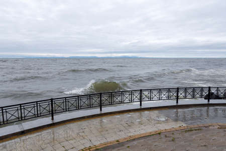 Embankment of Lake Baikal in village of Turka in stormの写真素材