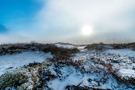 Fog in the mountains on a winter morning at sunrise. Mountain valley covered with snow in winter.の写真素材