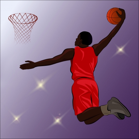 A high jumping player about to slam the basketball through the basketball hoop.
 Images placed on separate layers for easy editing.  Illustrator 10 EPS included. Some gradients and  transparencies were used. 
のイラスト素材