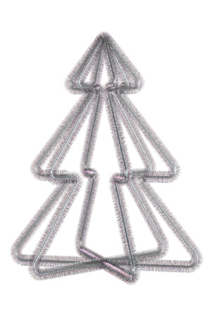 Silver stylized Christmas tree of tinsel on white backgroundの写真素材