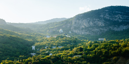 view from the sea to the church Archistrategos Michael in Oreanda, Crimeaの写真素材