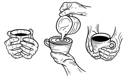 Set Hand Drawn Hold Coffee Cream beverage Dessert Shop Glass Cup Menu Cafe Restaurants illustrationのイラスト素材
