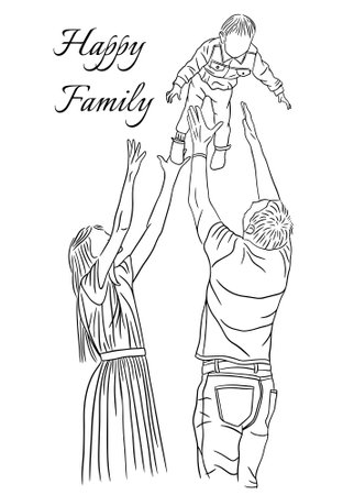 Happy Family Line Art Style with Mom, Dad and Son Hand Drawn Illustratedのイラスト素材