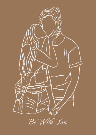 Happy Together Love Couple Women Girls and Boy Line Art Hand Drawn Style illustrationのイラスト素材