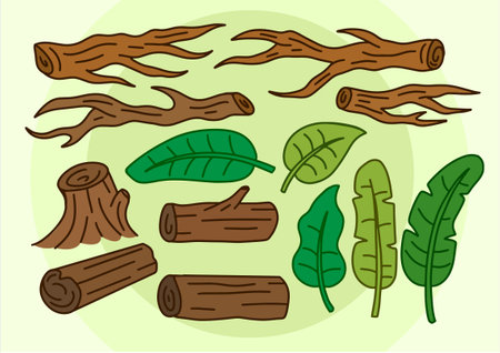 Wood Leaf branch and twig Nature set for games and cartoonのイラスト素材