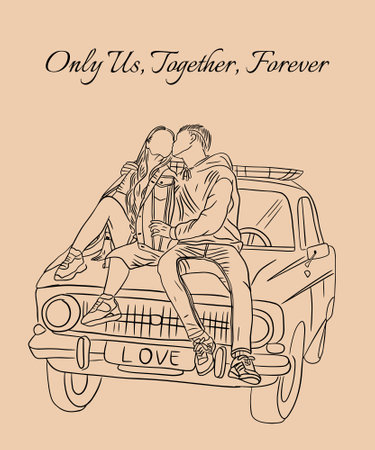 Happy Together Love Couple Women Girls and Boy on Car Line Art Hand Drawn Style illustrationのイラスト素材