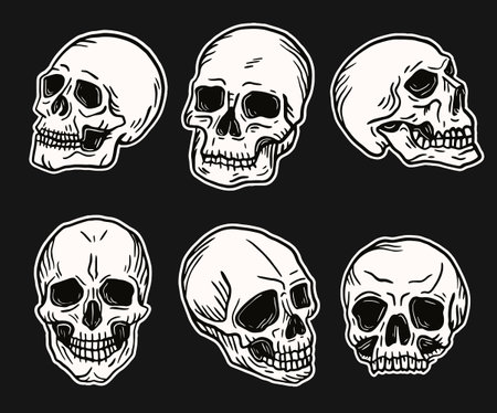 Set Hand drawn Skull Head Dark Art with Different Angel Hatching Outline Style illustrationのイラスト素材