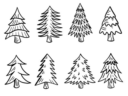 Set of silhouettes of Christmas trees on a white background illustration Outlineのイラスト素材