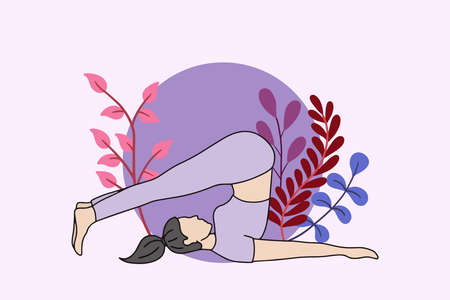 Woman meditating in peaceful nature illustration, yoga and healthy lifestyle concept, flat cartoon designのイラスト素材