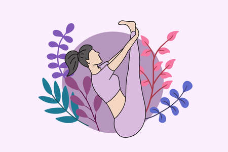 Woman meditating in peaceful nature illustration, yoga and healthy lifestyle concept, flat cartoon designのイラスト素材