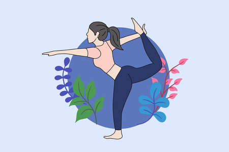 Woman meditating in peaceful nature illustration, yoga and healthy lifestyle concept, flat cartoon designのイラスト素材
